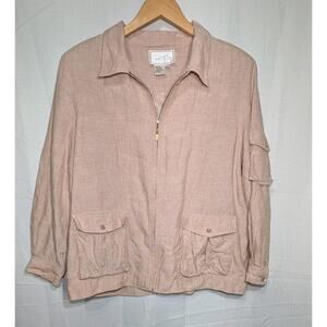 Diane Gilman‎ Vintage Women's Linen Full Zip Jacket Sz XL Pockets Utility Safari
